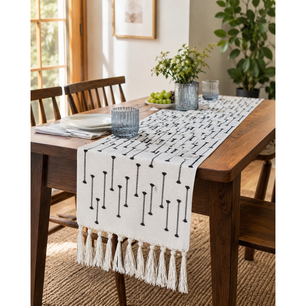 Huntington Home Summer Table Runner White Black Woven Fringe 14x90 Modern 709003